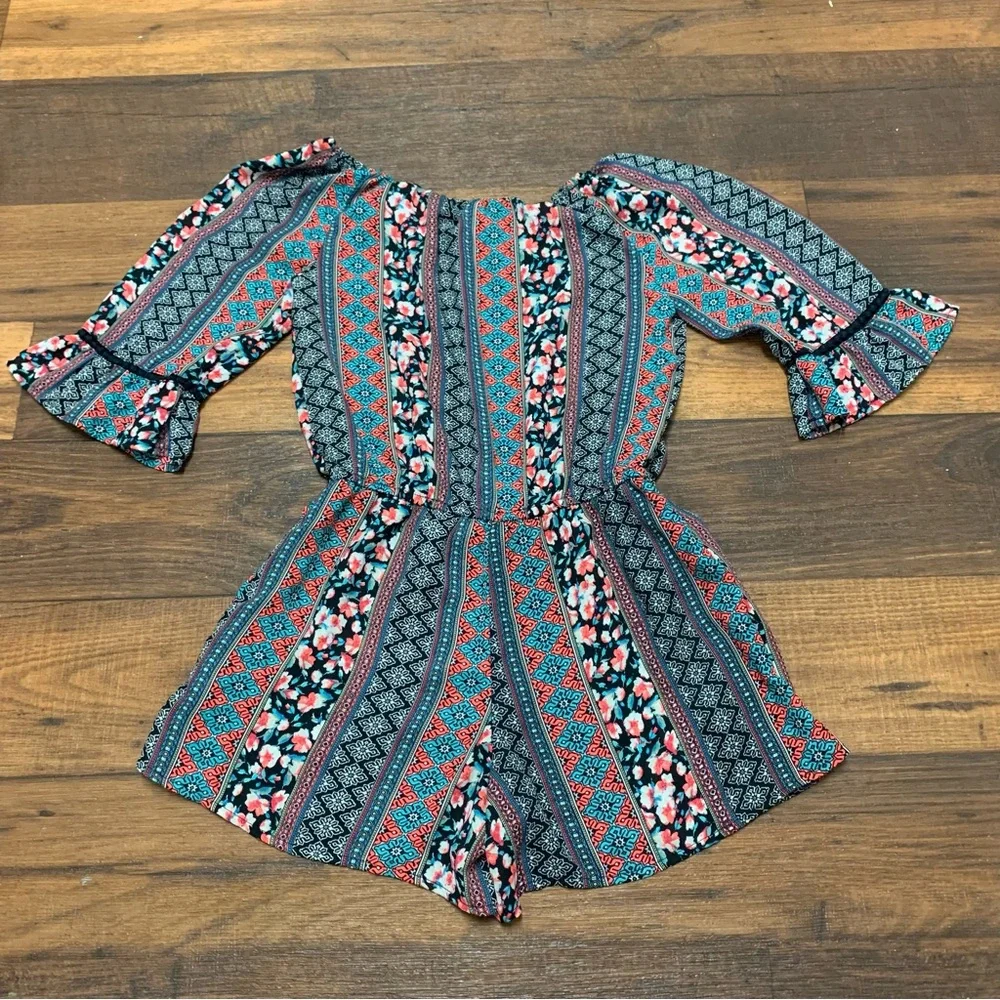 Xhilaration Girl's Multicolor Boho Romper Elastic Waist - Size M (7) W/Pockets